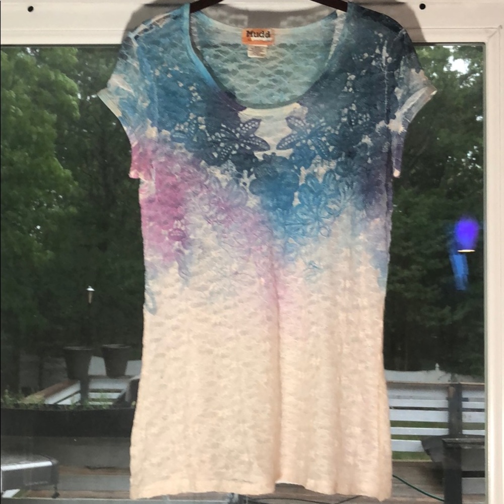 Mudd Juniors XL Floral pattern sheer lace top.